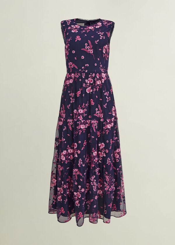 Hobbs Petite Bethany Embroidered Dress Navy Pink