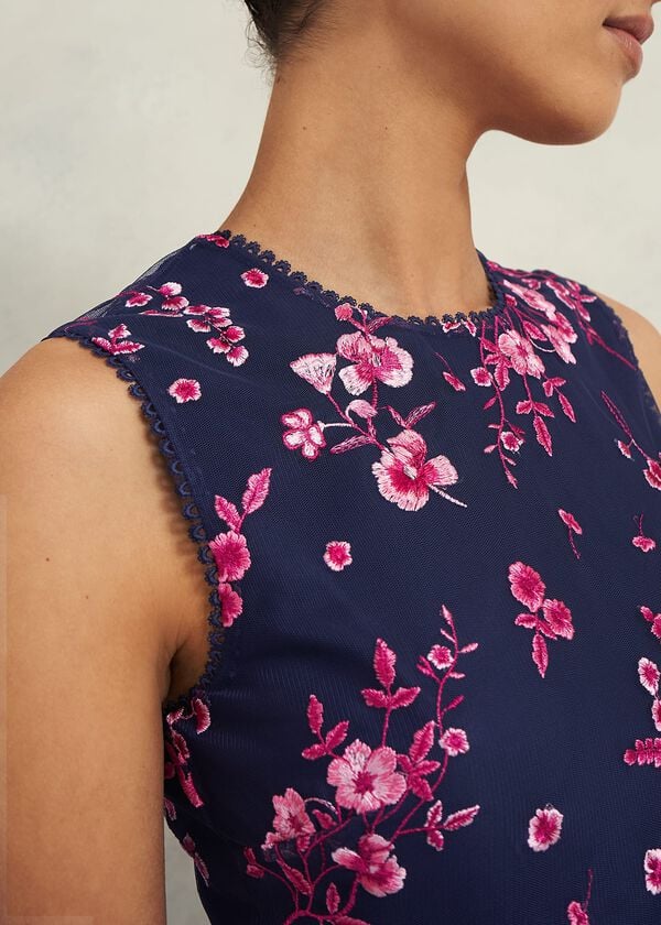 Hobbs Petite Bethany Embroidered Dress Navy Pink