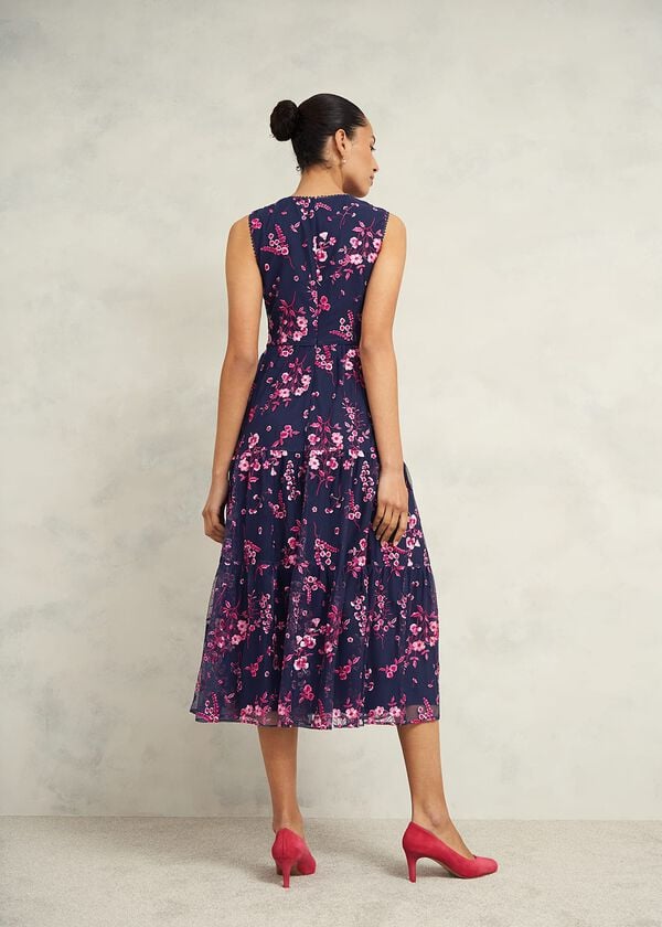 Hobbs Petite Bethany Embroidered Dress Navy Pink