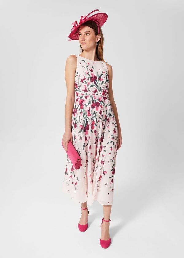 hobbs Petite Carly Floral Midi Dress Pink Multi