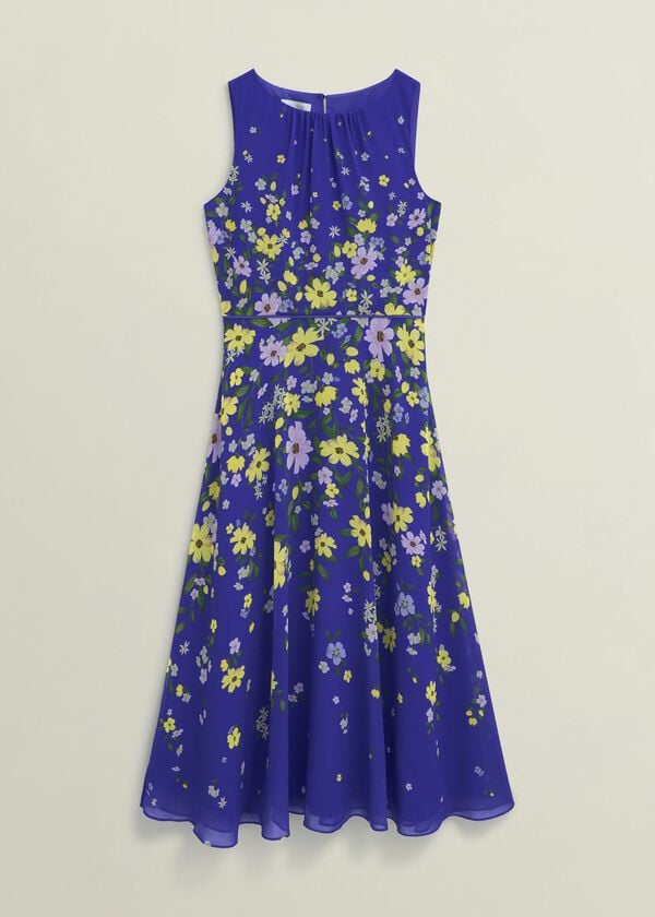 Hobbs Petite Carly Gathered Neck Dress Blue Multi