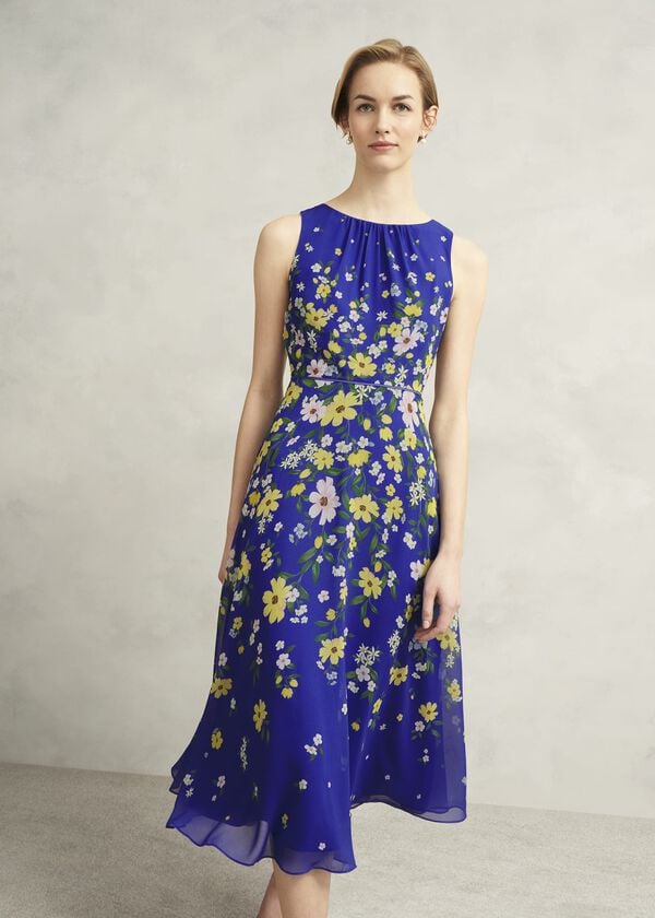 Hobbs Petite Carly Gathered Neck Dress Blue Multi