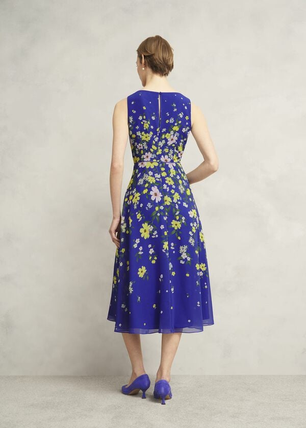 Hobbs Petite Carly Gathered Neck Dress Blue Multi