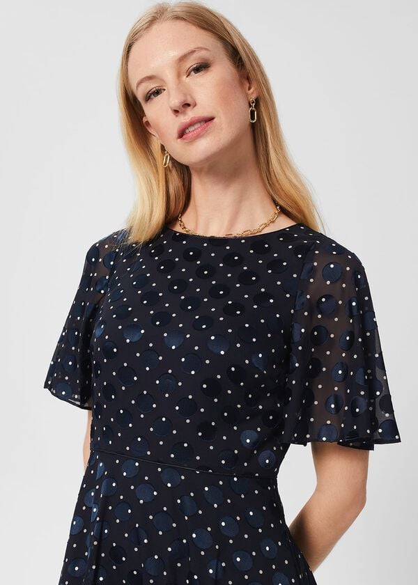 Hobbs Petite Ceira Spot Dress Navy Ivory