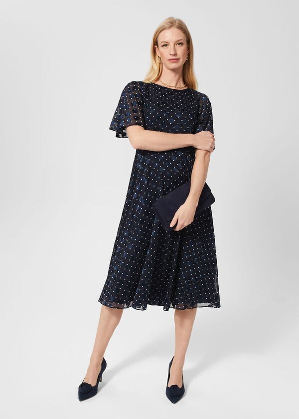 hobbs Petite Ceira Spot Dress Navy Ivory