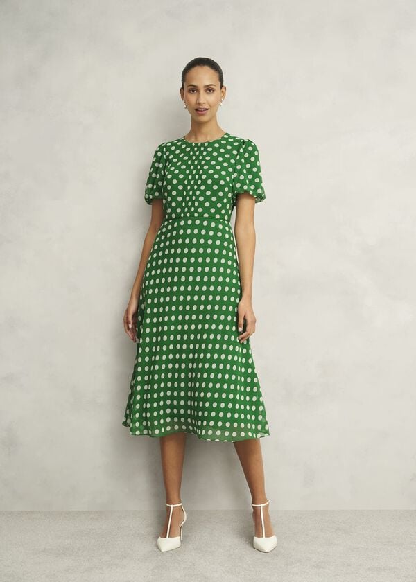 hobbs Petite Dorothy Spot Dress Green Ivory