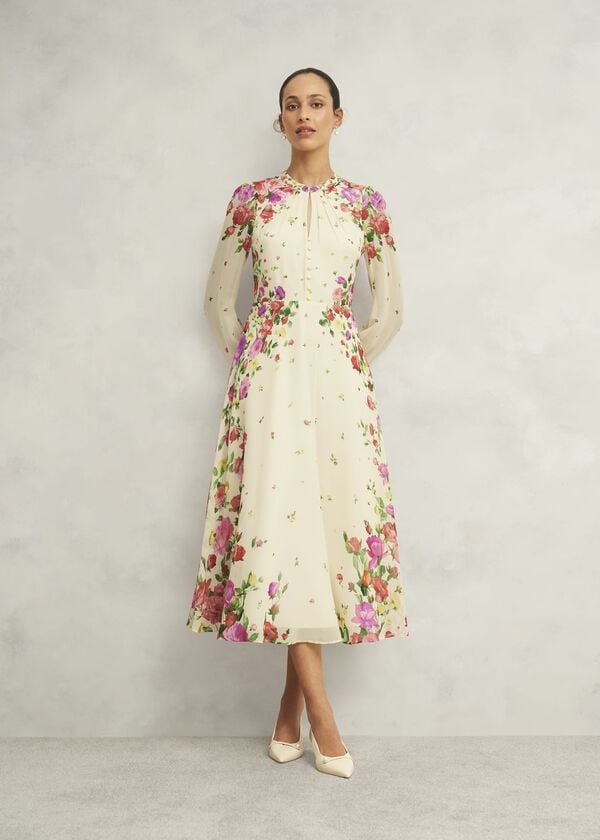 hobbs Petite Eva Floral Silk Dress Cream Multi