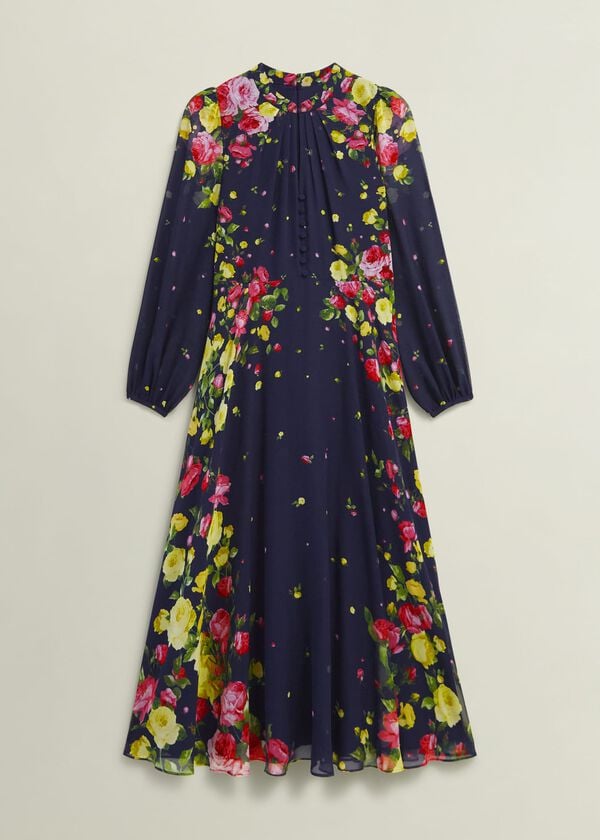Hobbs Petite Eva Floral Silk Dress Navy Multi