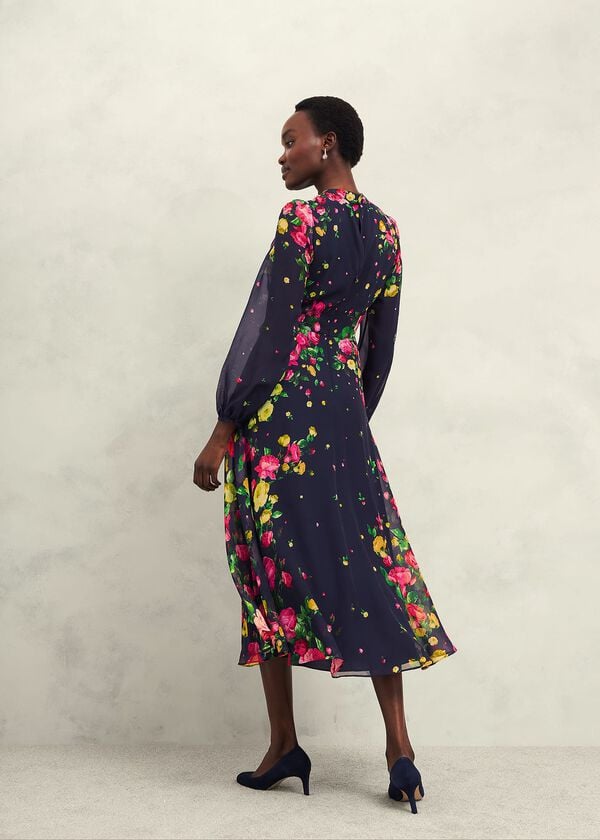 Hobbs Petite Eva Floral Silk Dress Navy Multi