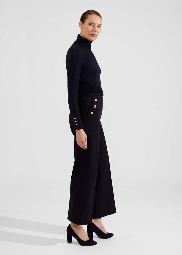 Hobbs Petite Hana Wide Cotton Blend Trousers Navy