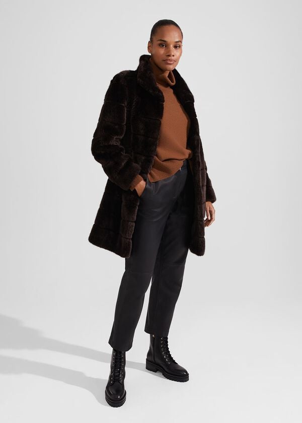 Hobbs Petite Ros Faux Fur Coat Chocolate
