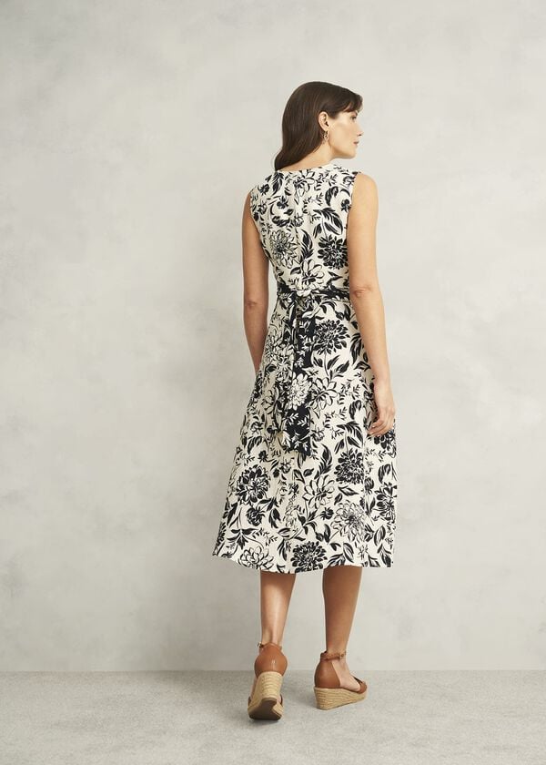 Hobbs Petite Teagan Linen Dress Ivory Navy