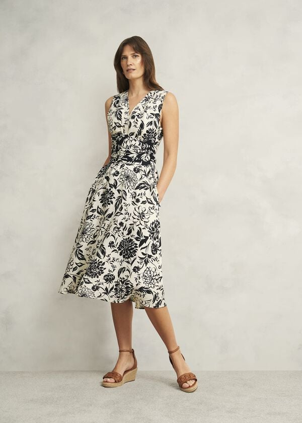 hobbs Petite Teagan Linen Dress Ivory Navy