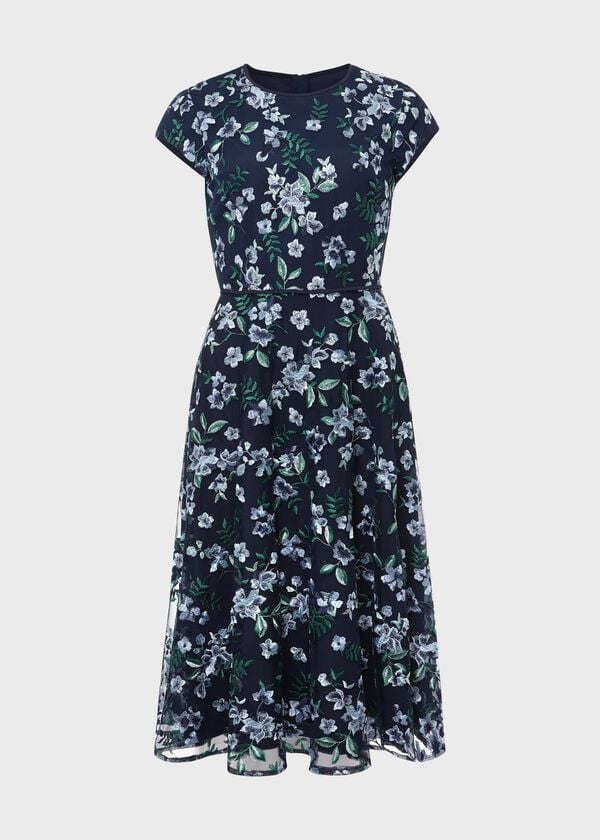 Hobbs Petite Tia Embroidered Dress Pale Blue Multi