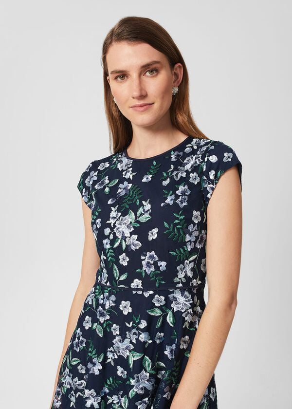 Hobbs Petite Tia Embroidered Dress Pale Blue Multi