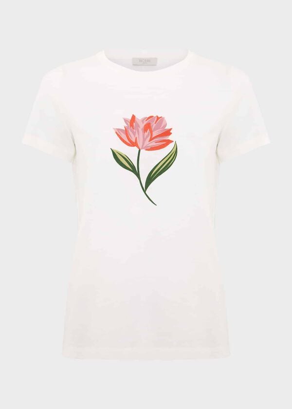 Hobbs Pixie Cotton Embroidered T-Shirt Ivory Pink