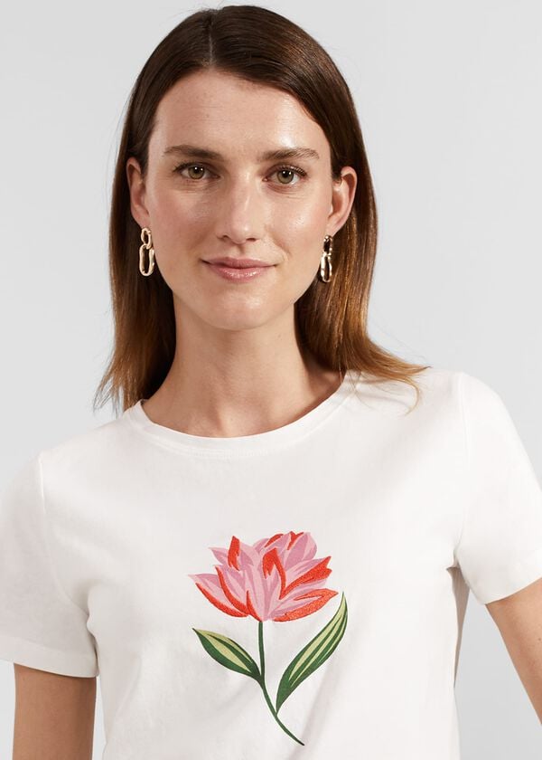 Hobbs Pixie Cotton Embroidered T-Shirt Ivory Pink