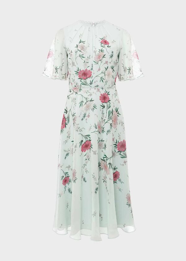 Hobbs Priya Silk Floral Dress Sage Green Pink