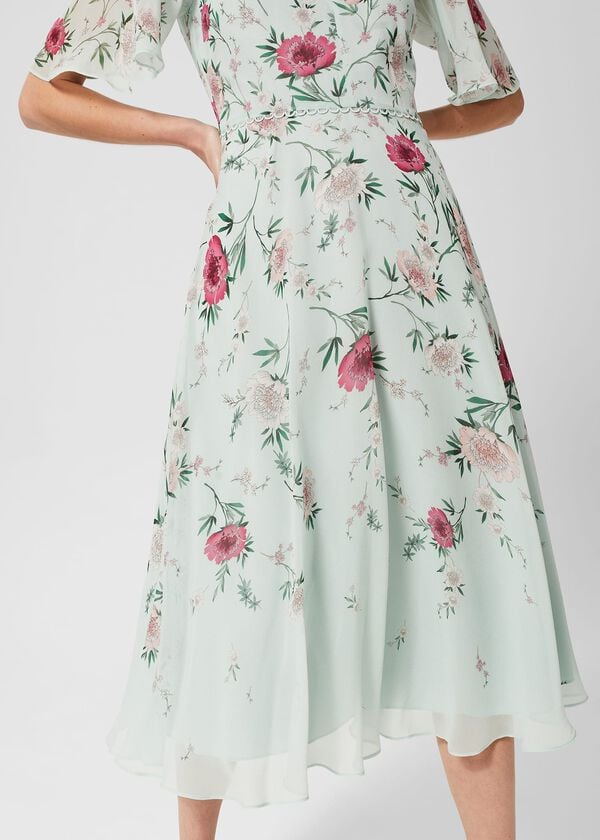 Hobbs Priya Silk Floral Dress Sage Green Pink