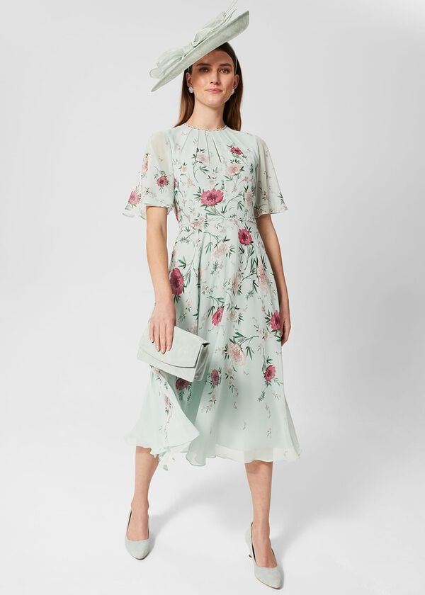 hobbs Priya Silk Floral Dress Sage Green Pink