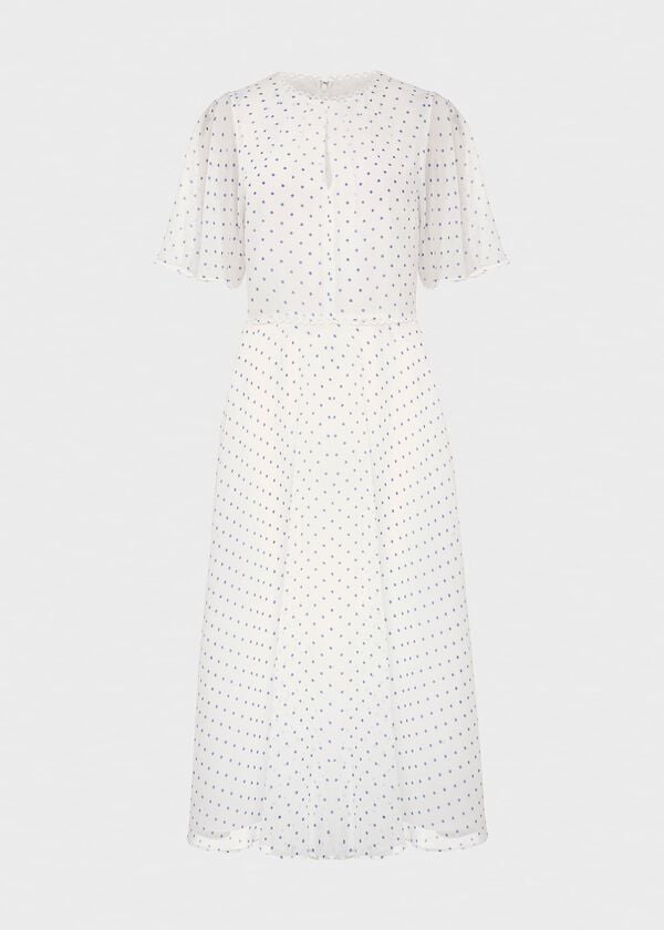 Hobbs Priya Silk Spot Dress Ivory Blue