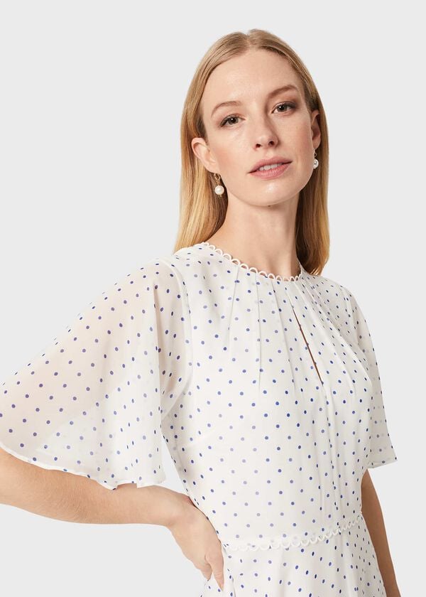 Hobbs Priya Silk Spot Dress Ivory Blue