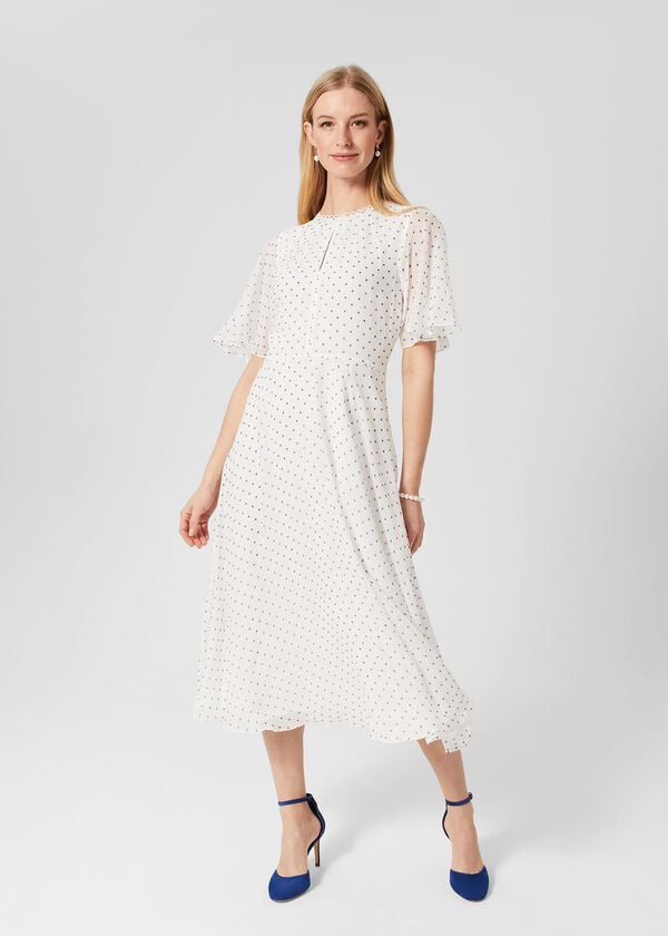 hobbs Priya Silk Spot Dress Ivory Blue