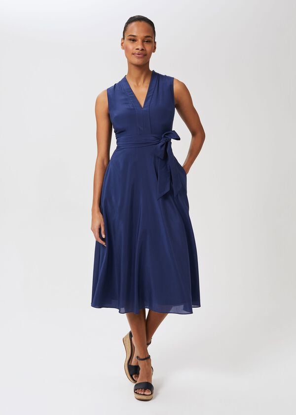 hobbs Regina Midi Dress With Silk French Navy