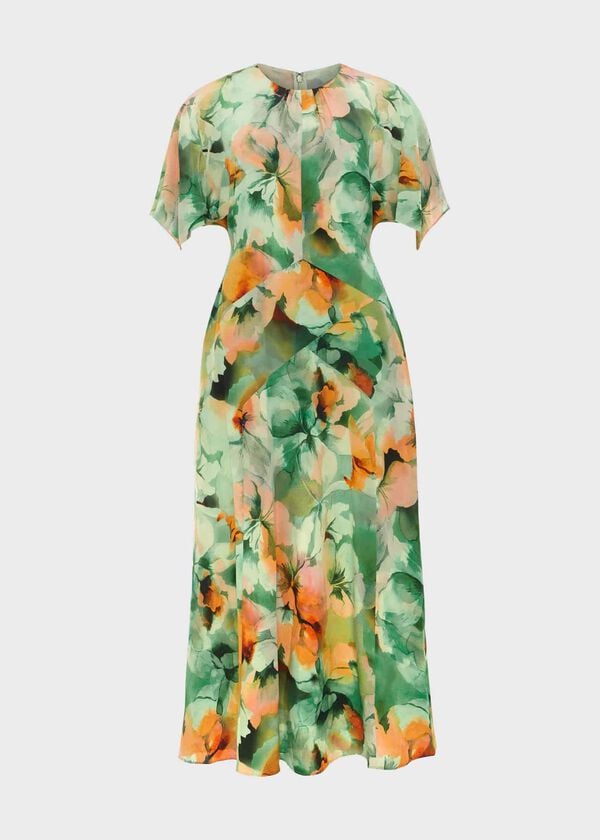 Hobbs Rosemoor Silk Midi Dress Green Orange