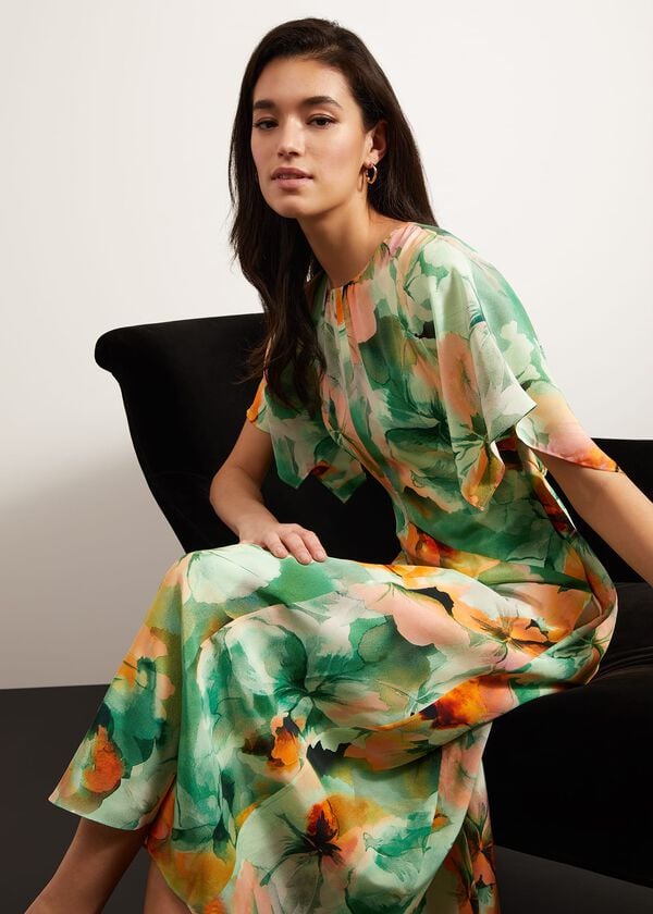 Hobbs Rosemoor Silk Midi Dress Green Orange