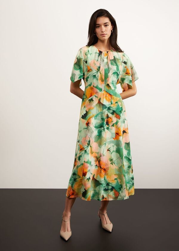 hobbs Rosemoor Silk Midi Dress Green Orange