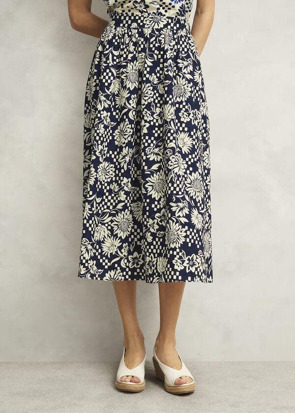 Hobbs Rousham Cotton Midi Skirt Navy Cream