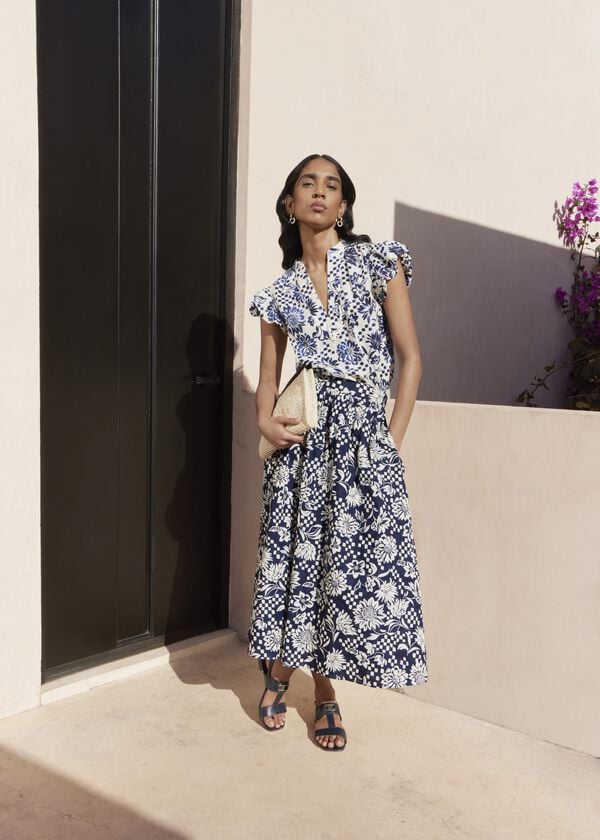 hobbs Rousham Cotton Midi Skirt Navy Cream