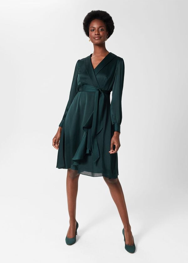 hobbs Sally Fit And Flare Satin Dress Evergreen