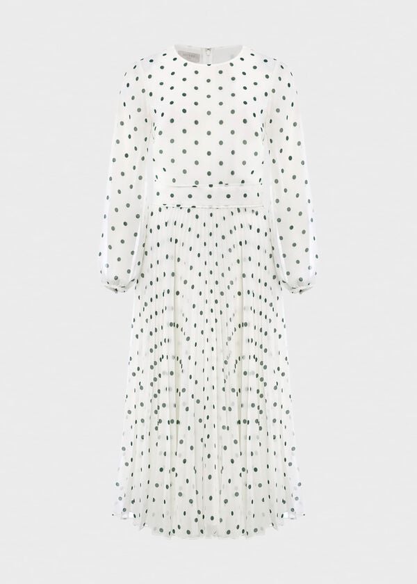 Hobbs Selena Spot Pleated Dress Ivory Green