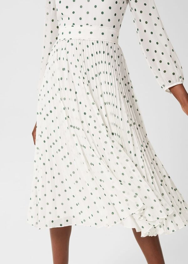 Hobbs Selena Spot Pleated Dress Ivory Green