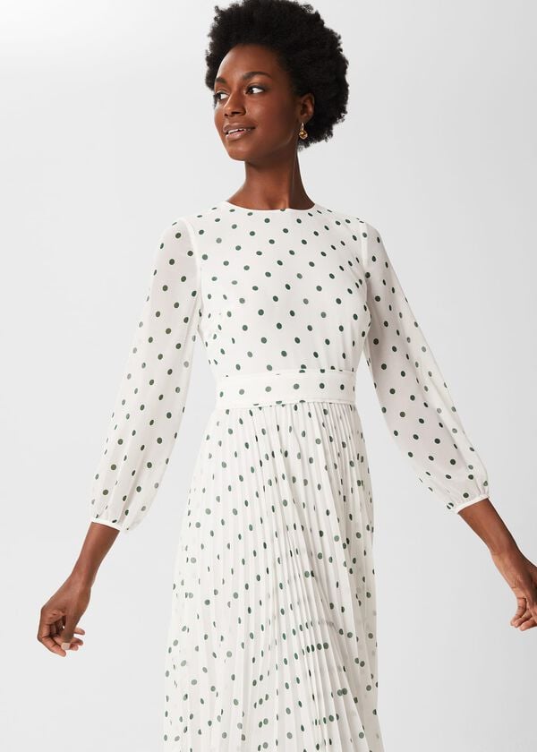 Hobbs Selena Spot Pleated Dress Ivory Green