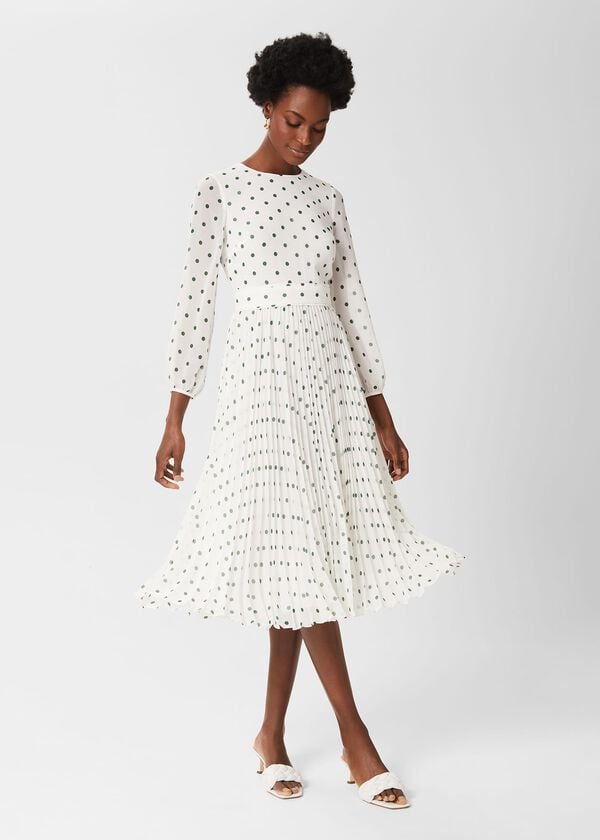 hobbs Selena Spot Pleated Dress Ivory Green