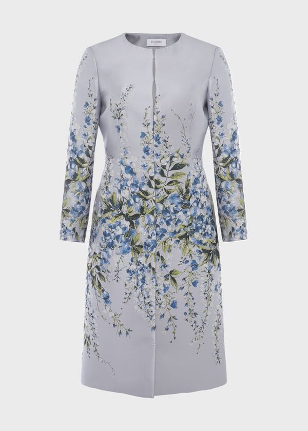 Hobbs Sofia Jacquard Coat Pale Blue Multi