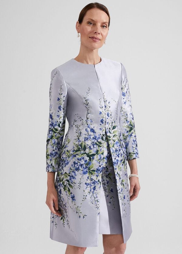 Hobbs Sofia Jacquard Coat Pale Blue Multi