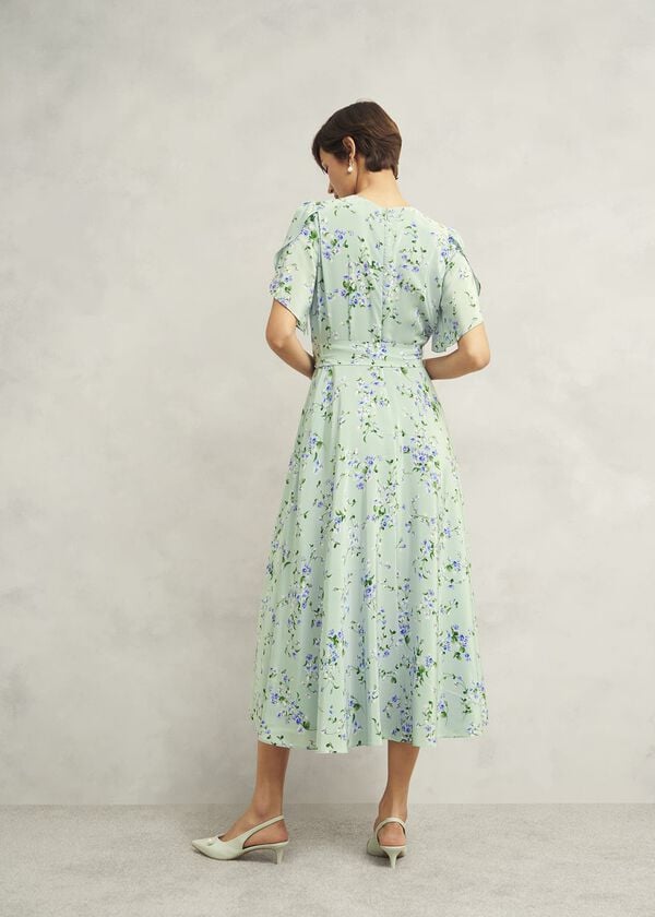 Hobbs Sophia Silk Belted Dress Sage Multi