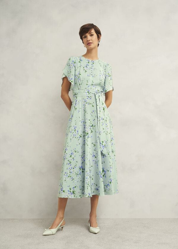 hobbs Sophia Silk Belted Dress Sage Multi