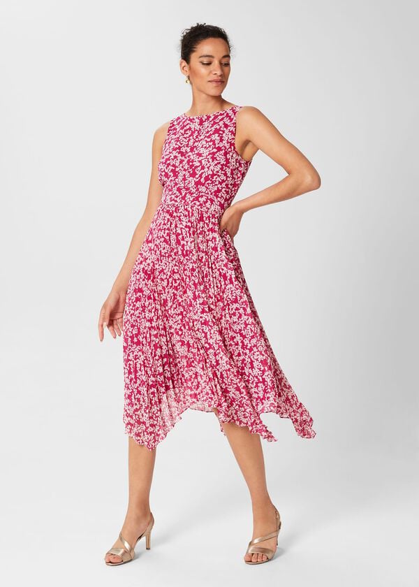 hobbs Talisa Pleated Midi Dress Magenta Ivory