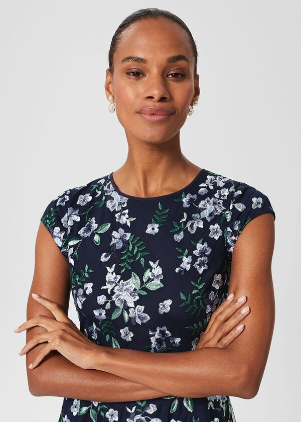 Hobbs Tia Embroidered Floral Dress Pale Blue Multi