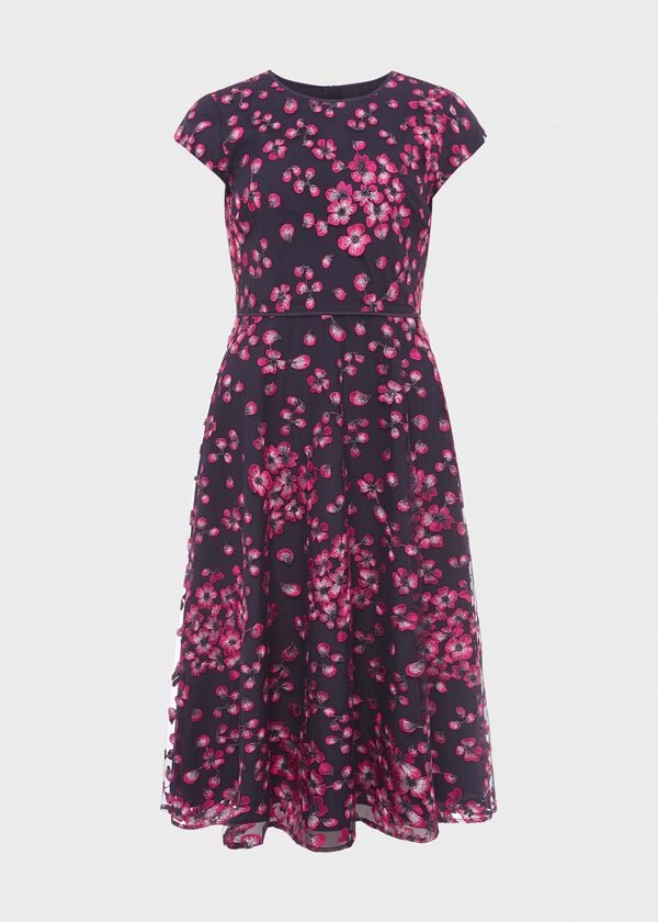 Hobbs Tia Floral Embroidered Dress Navy Pink