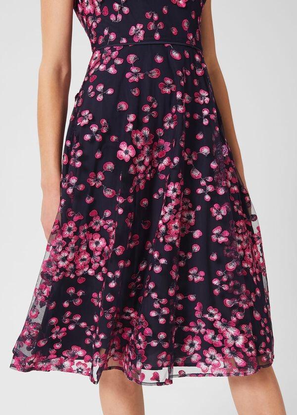 Hobbs Tia Floral Embroidered Dress Navy Pink