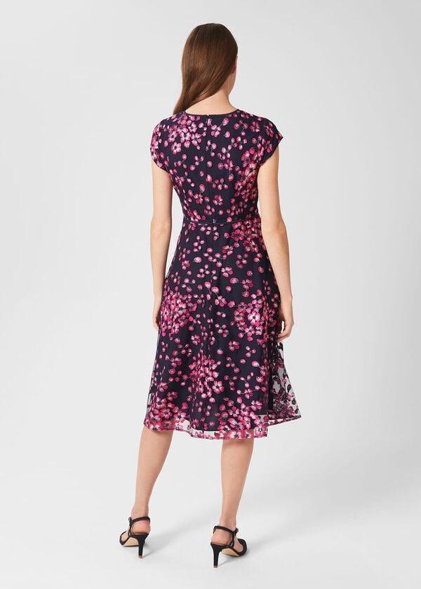 Hobbs Tia Floral Embroidered Dress Navy Pink