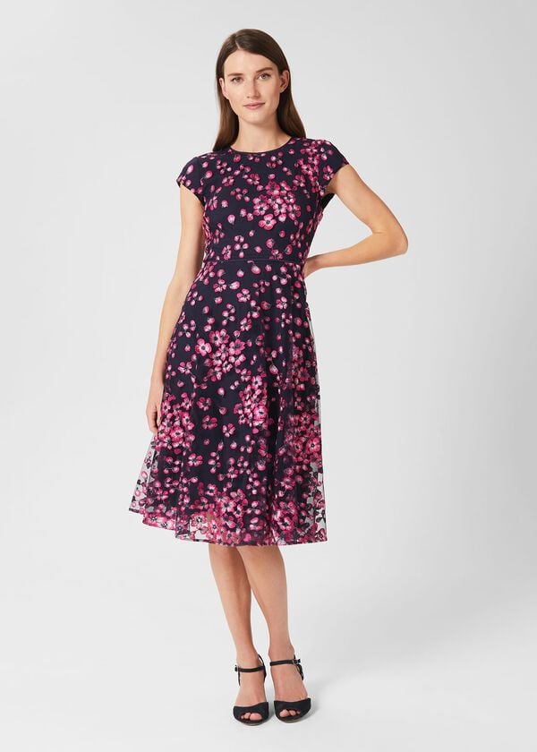 hobbs Tia Floral Embroidered Dress Navy Pink