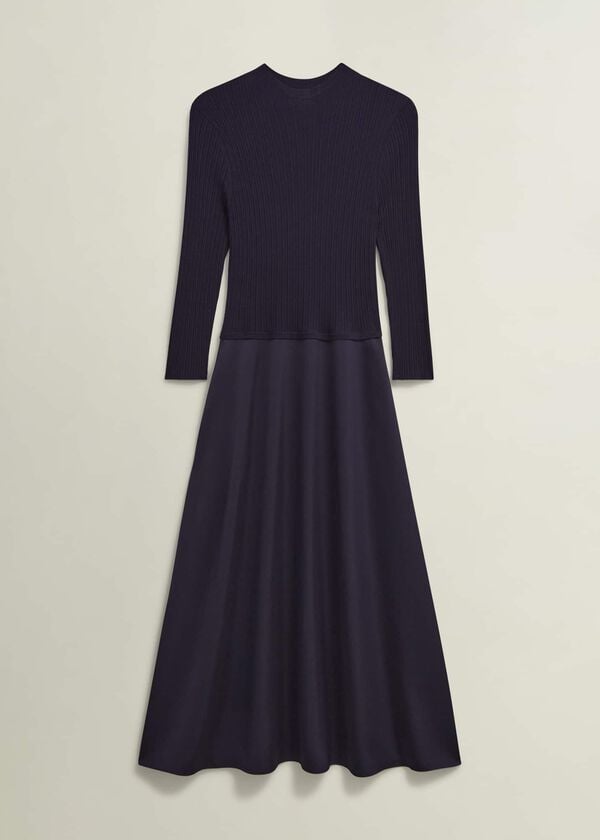 Hobbs Trina Satin Knitted Dresses Hobbs Navy