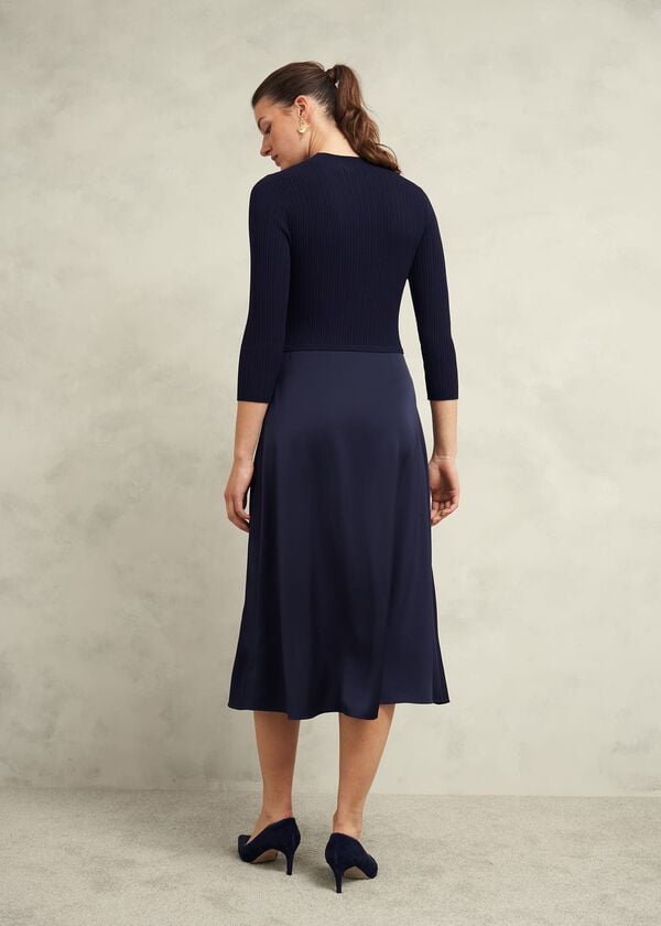 Hobbs Trina Satin Knitted Dresses Hobbs Navy